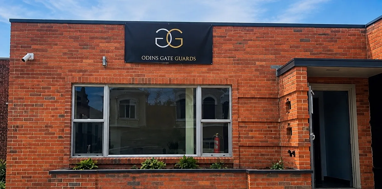 The Odin’s Gate Guards office at 615 Kansas City St, Rapid City — a single-storey red brick building with the company’s banner above the window and the entrance to the right.