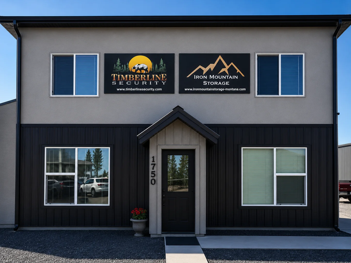 The Butte, Montana premises at number 1750 — a grey and black two-storey building with a Timberline Security sign above the entrance.